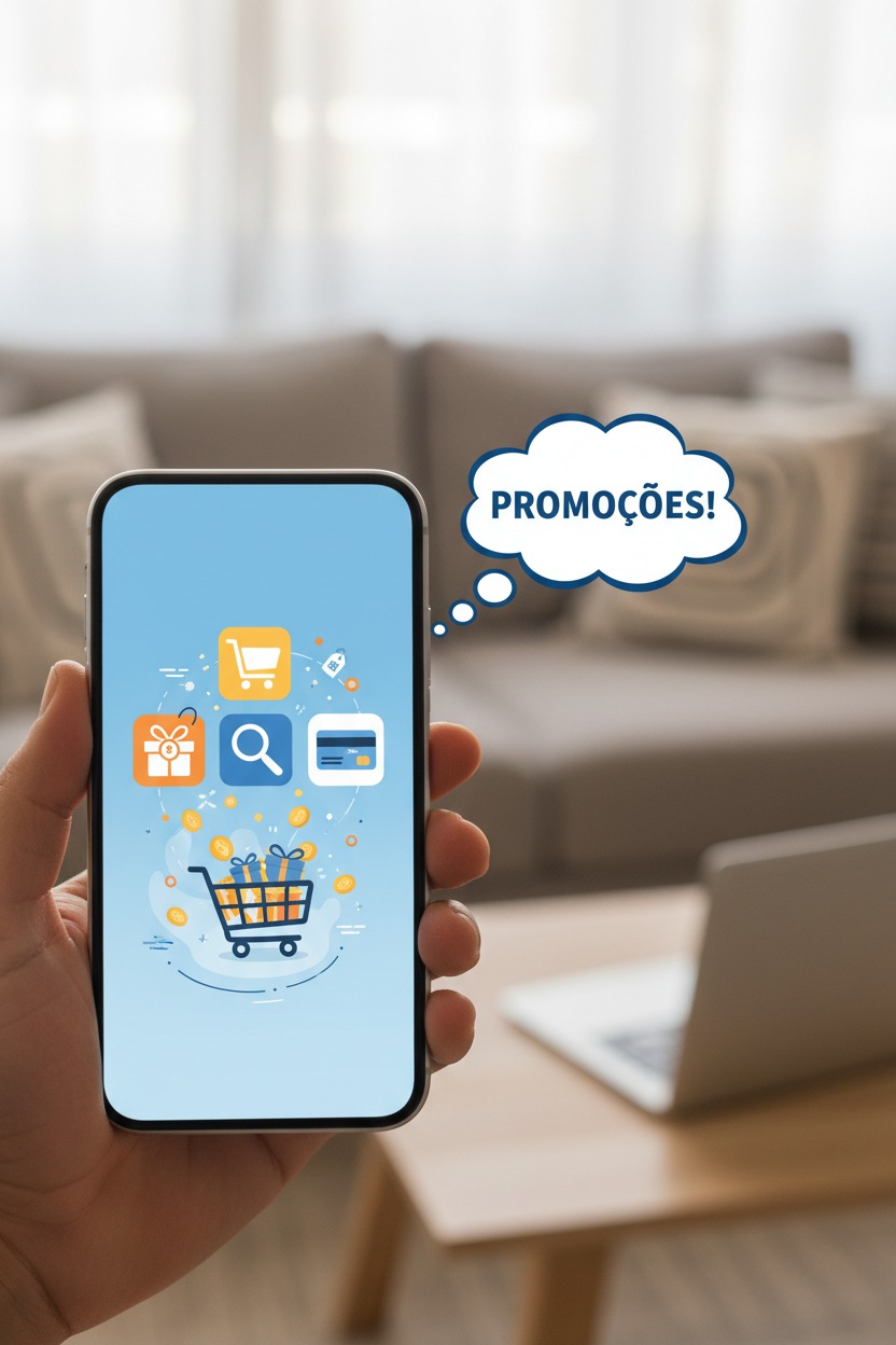 Mão segurando um smartphone que exibe ícones de compras online e um balão de fala com a palavra PROMOÇÕES.